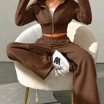 Flace Women 2pcs shet cote shet- Brown
